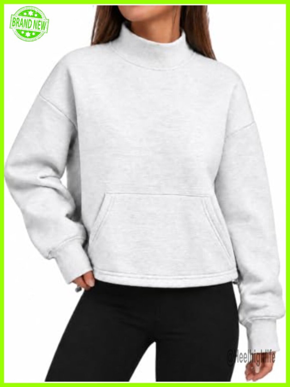 Women Mock Neck Crop Sweatshirt Fleece Lined Pullover with Kangaroo Pocket
